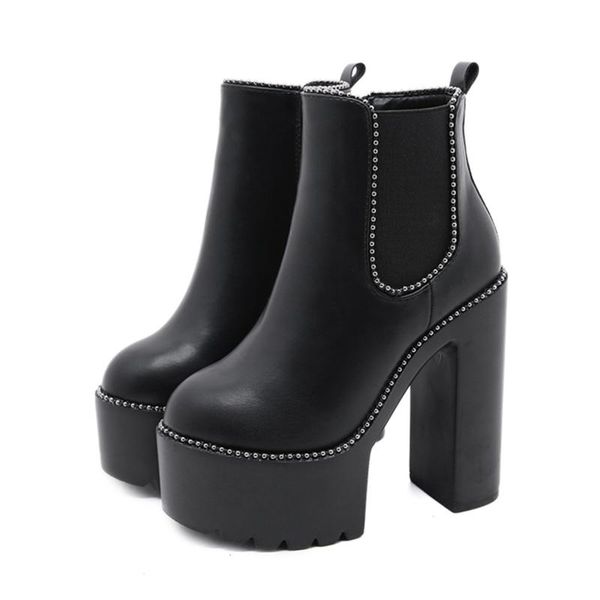 

boots lucyever punk style chunky heels platform women super high ankle female autumn winter zipper pu leather botas, Black