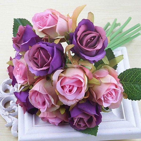 

fashion 12 head home party decoration artificial silk flowers for wedding decorative bride bouquets rose bouquet & wreaths