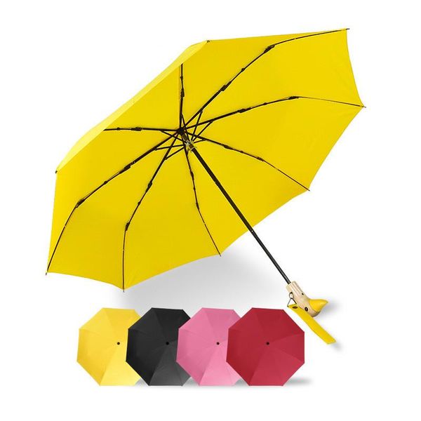 

umbrellas creative personality cute wooden duck head umbrella tri-fold rain and dual-use 8k fiber bone