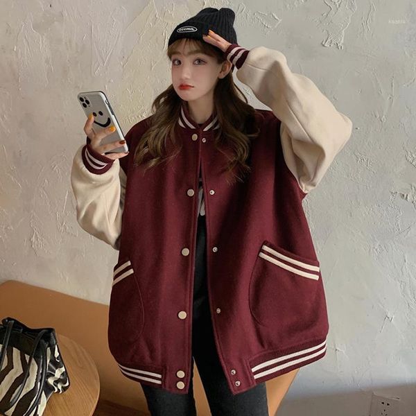 

women's jackets women vintage baseball jacket korean solid color stripes varsity harajuku causal college style coats oversized streetwe, Black;brown
