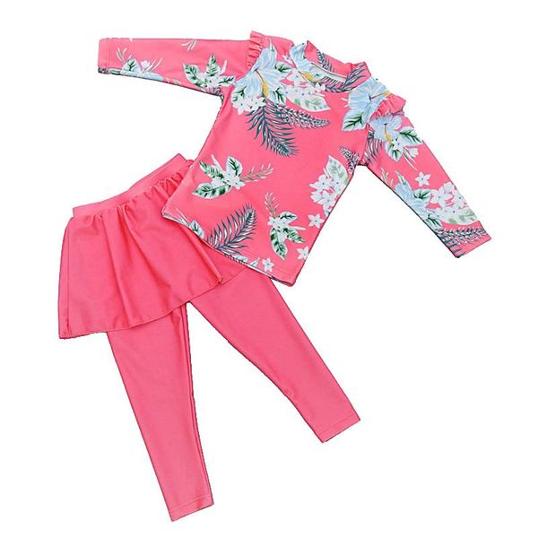 

girl two pieces suit 3-11 year children long sleeve skirt swimsuit 2021 kid cute flower print swimwear baby bathing one-piece suits