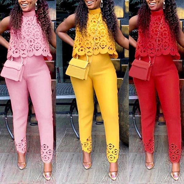 

casual lace hollow sleeveless womenpant crop shirt office outfit suit, White