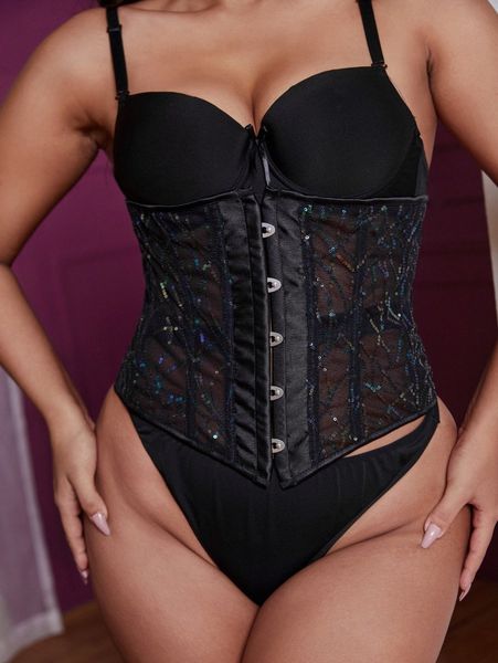 

plus contrast sequin corset with thong x3n7#, Black;white