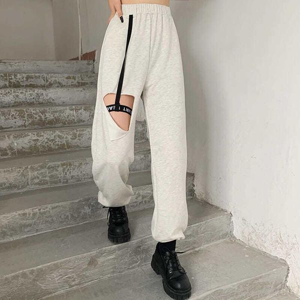 

women's pants & capris 2021 summer personality care machine high waist holed casual hip hop loose leggings grey sports female, Black;white