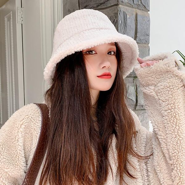 

wide brim hats winter hat female lamb wool dongdaemun plush fisherman buket cap warmth thick soft korean wild basin sun for women, Blue;gray