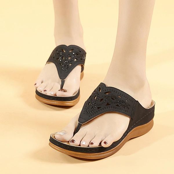 

slippers sagace women shoes summer slip-on wedges open toe breathable sandals pu hollow embroidery beach, Black