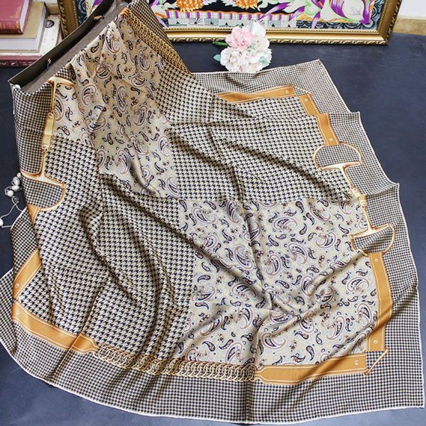 

scarves high-end elegant women's classic swallow gird four-check colors cashew flower print quality plain satin silk scarf shwal wraps, Blue;gray