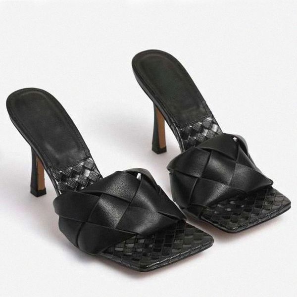 

2020 women summer slides womens slippers lattice genuine leather peep toe shoe outdoor sandals high heel w9da#, Black