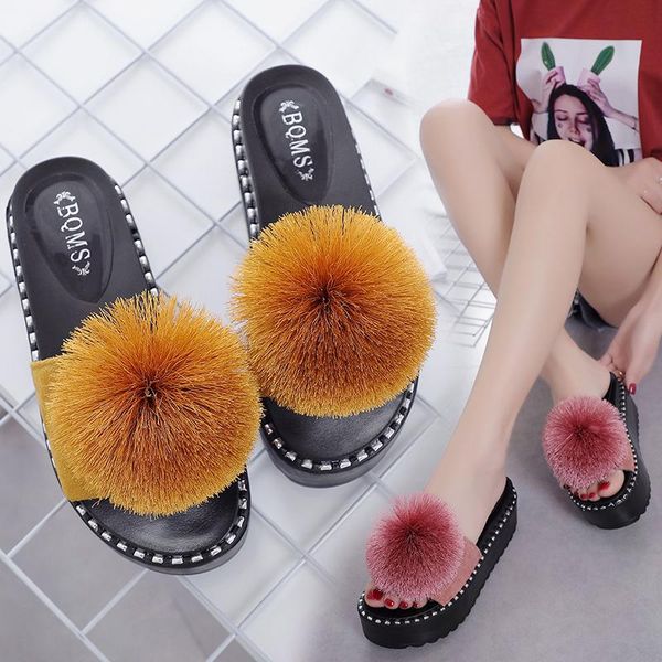 

slippers summer beach shoes 2021 fashion hairy balls ladies outside platform heels woman sandals size 35-41, Black