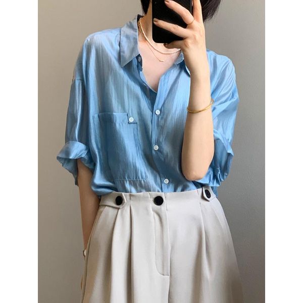 

women's blouses & shirts minimalist loose white for women collar thin solid female 2021 spring summer chiffon
