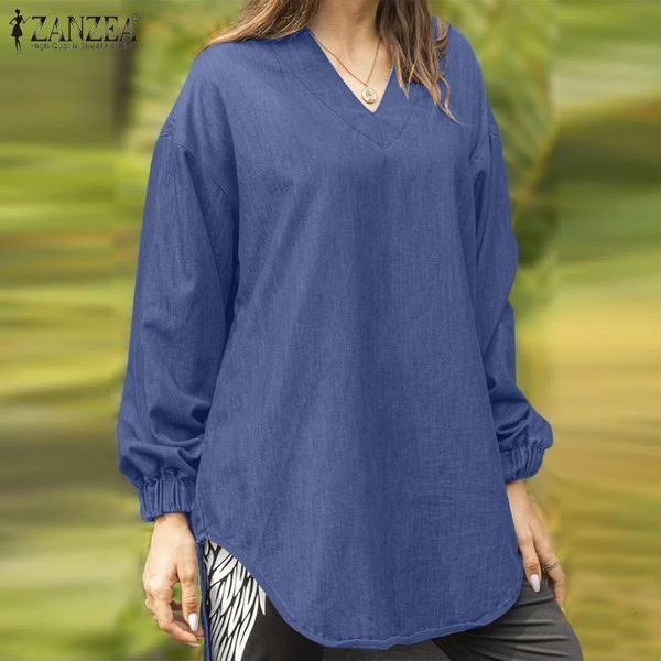 

blouses fashion denim blue shirts women's asymmetrical blouses 2021 casual long sleeve blusas female v neck plus size tunic, White