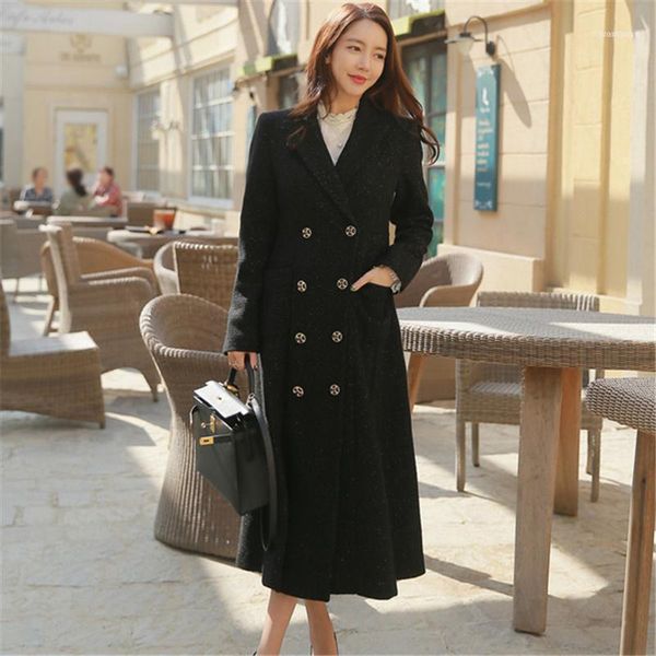 Misturas de lã feminina 2021 inverno estilo coreano escritório senhora temperamento duplo-breasted magro longo casaco preto jaqueta mulheres de alta qualidade pano