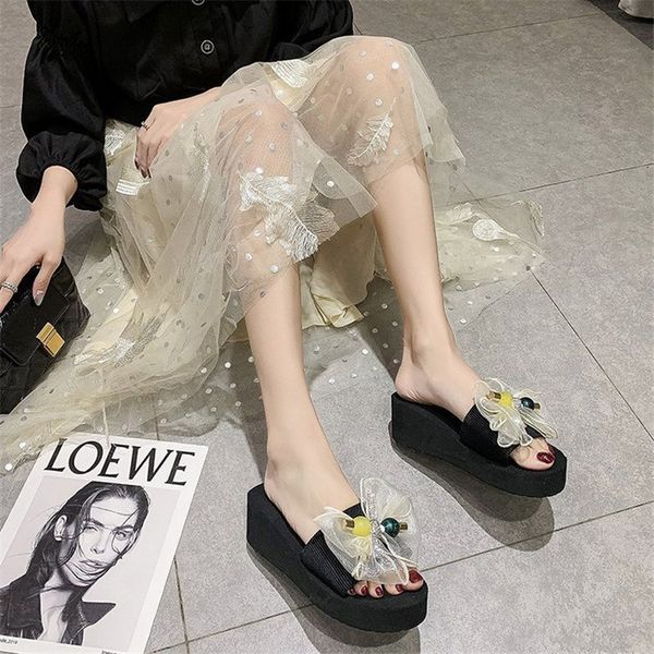 

womens shoes summer new trend bow net red ins fashion wild non-slip thick-soled beach sandals and slippers1, Black