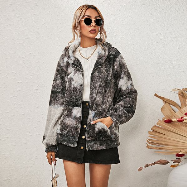 

autumn fleece button coat jacket women's winter tie-dye printed long-sleeved hooded zipper plus velvet thick casual jacket women 210514, Black