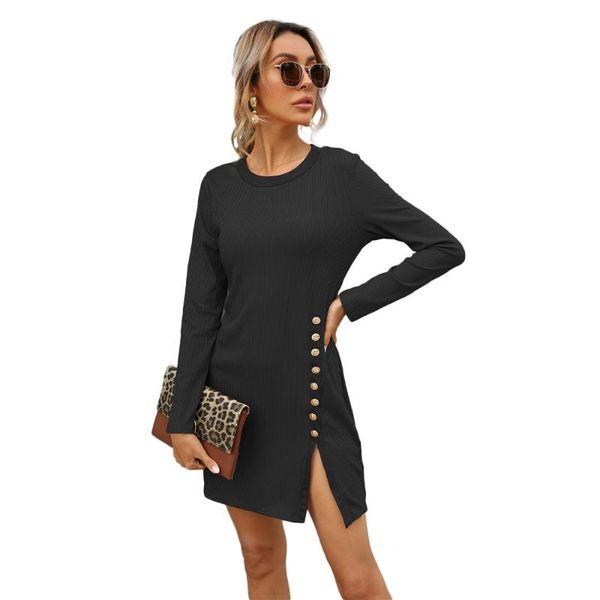 

casual dresses women long sleeve dress oneck button split slim mini 2021 fashion party solid color asymmetrical, Black;gray