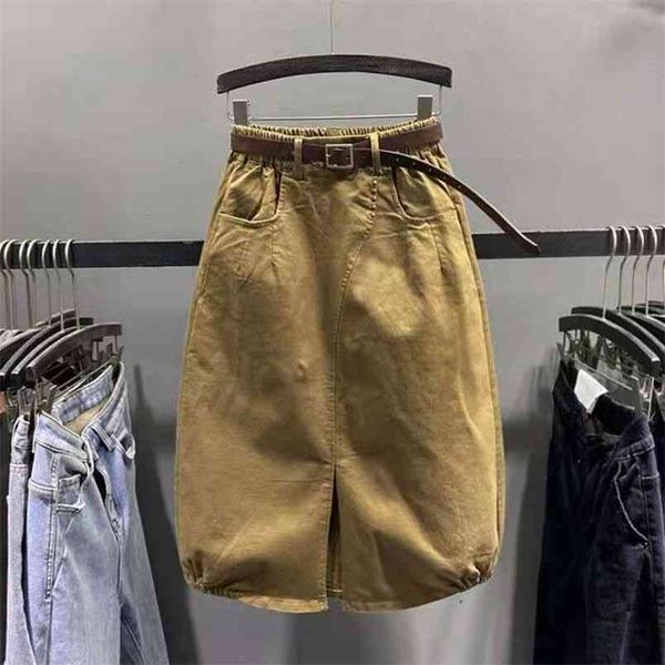 

arrival summer european style women casual elastic waist a-line skirts split mid-calf cotton denim high skirt w212 210512, Black