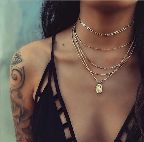 

pendant necklaces fashion necklace virgin mary madonna oval-shaped five layer gold color metal chain choker, Silver