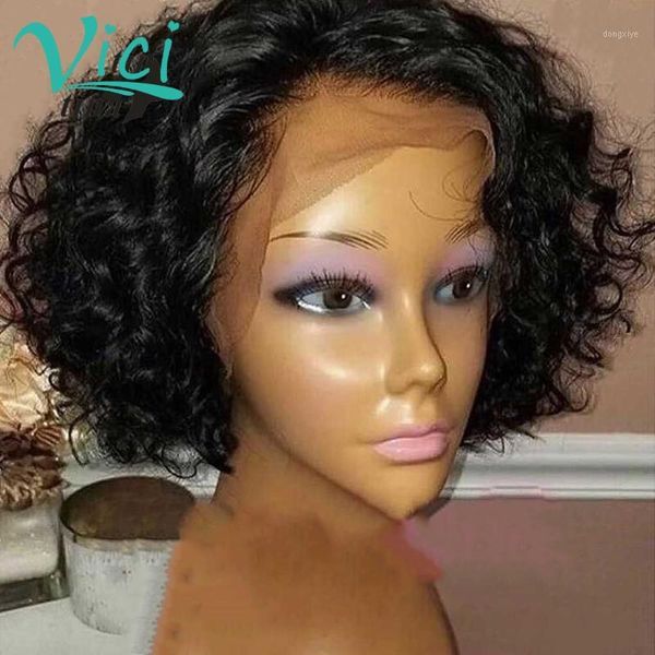 

pixie cut wig curly lace front bob human hair preplucked with baby for black women 180 remy brazilian1, Black;brown