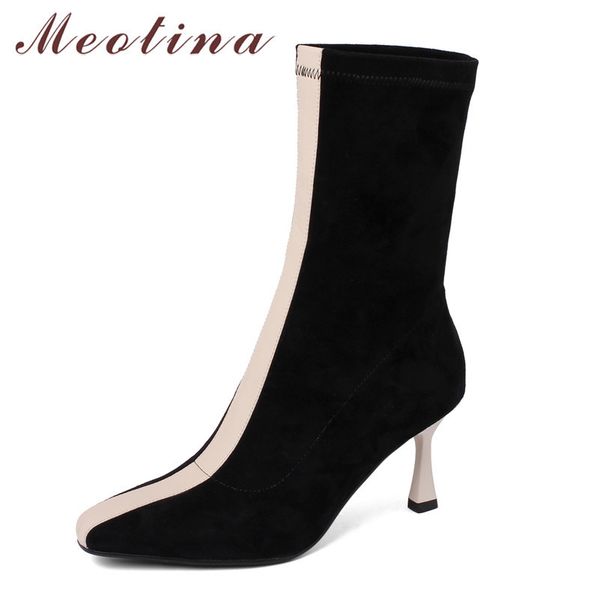 

meotina mid-calf boots women shoes genuine leather high heel boots square toe stiletto heels ladies boots autumn black beige 39 210520