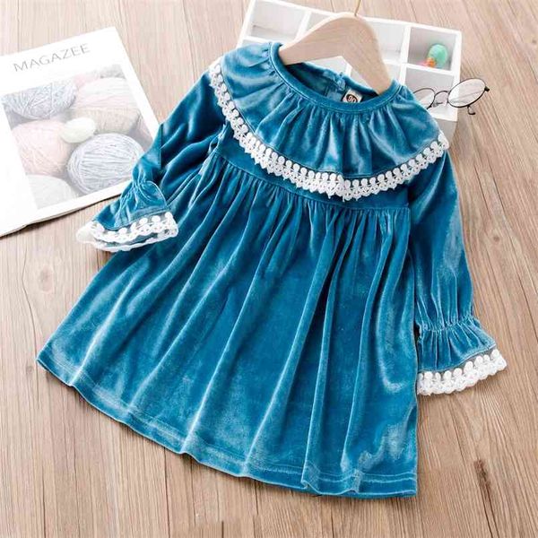 Bebek / Toddler Dantel Vintage Mavi Velet Uzun Kollu Elbise 210528
