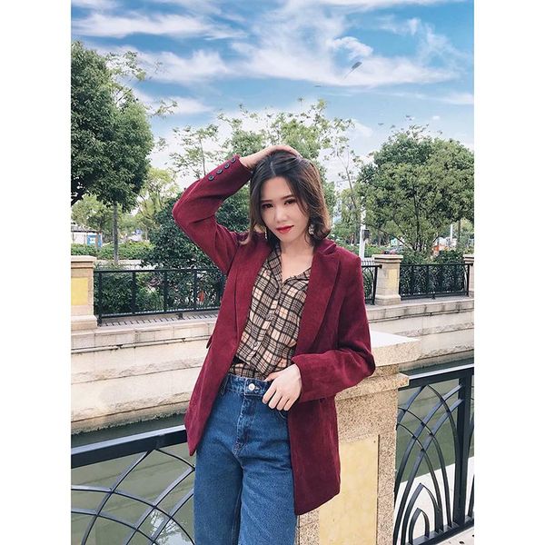

women's suits & blazers women autumn red blue office lady vintage corduroy jacket fashion single button blazer mujer coat clothes, White;black