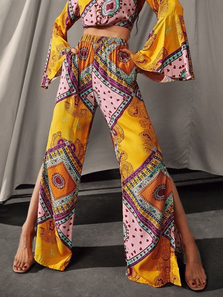 

luukse scarf print split hem pants l45c#, Black;white