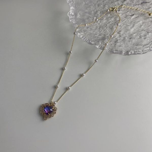 

chains kpop fairy transparent purple love heart crystal pendant clavicle chain pearl chocker necklace for women egirl aesthetic jewelry, Silver