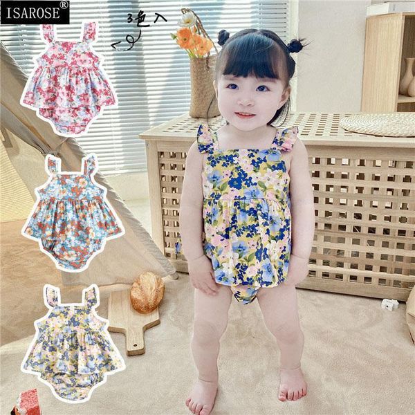 

clothing sets isarose kids 0-36 months baby girl summer floral cotton breathable sleeve square collar back buttons 2 pieces, White
