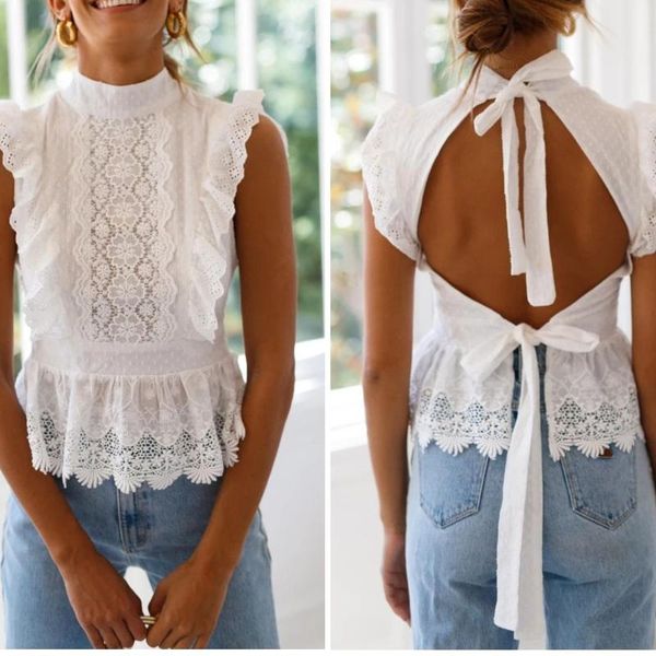 

women's blouses & shirts backless lace sleeveless blouse shirt lady patchwork white straps s-xl wdc4649