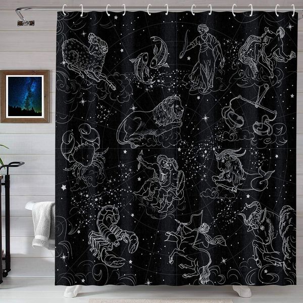

black constellation shower curtain set, modern fabric shower curtains for bathroom decor, cloth bathroom curtains (black, 72'' Ã