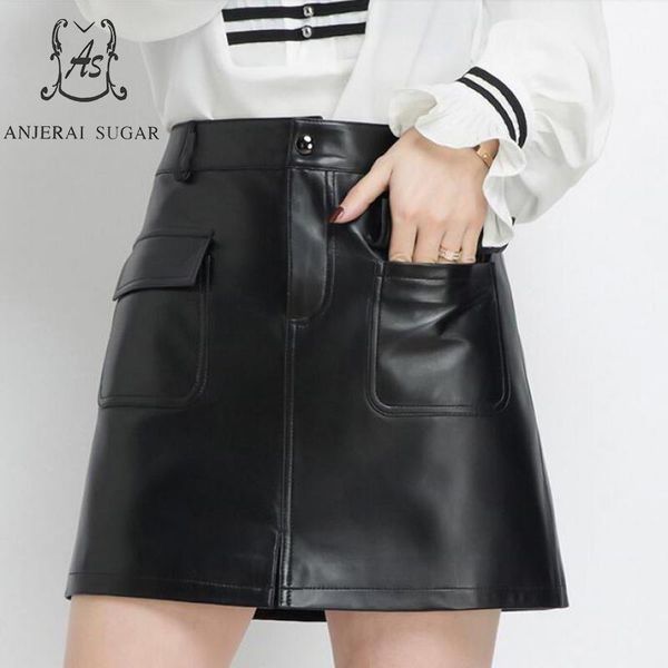 

skirts autumn winter women genuine sheepskin leather skirt short black high waist big pocket design package hip a line mini