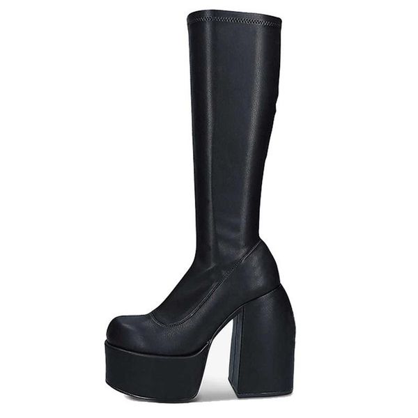 

boots designer autumn brand winter elastic snow microfibre shoes woman ankle high heels bla thi plorm long, Black