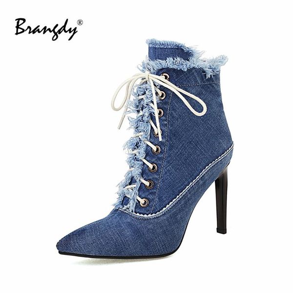 

dress shoes brangdy 2022 classical women thin heels pumps denim fabric pointed toe winter ankle boots zipper splicing lace, Black