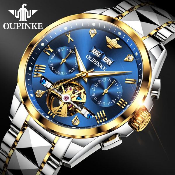 

men automatic watch sapphire luxury mechanical wristwatch waterproof tungsten steel relogio masculino oupinke brand wristwatches, Slivery;brown