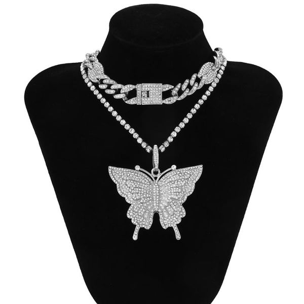 

chokers hip hop full diamond cuban iced out chain necklace butterfly fashion jewelry collarbone women choker cubana, Golden;silver