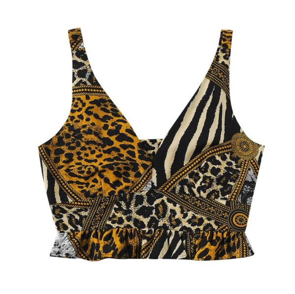 

women crop tank short leopard print cotton v-neck flounces backless shoulder strap halter vest female undershirt summer women's tanks, White