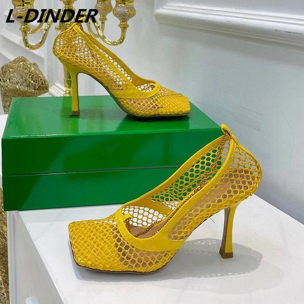 

sandals summer women's square toe mesh hole mixed leather trim metal chain decoration shallow mouth dress party high heels, Black