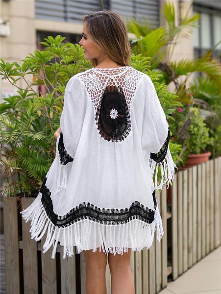 

women's swimwear black crochet beach cover up for women white tassel beachwear ladies party dress 2021 summer bathing suit swim cardiga, White;black