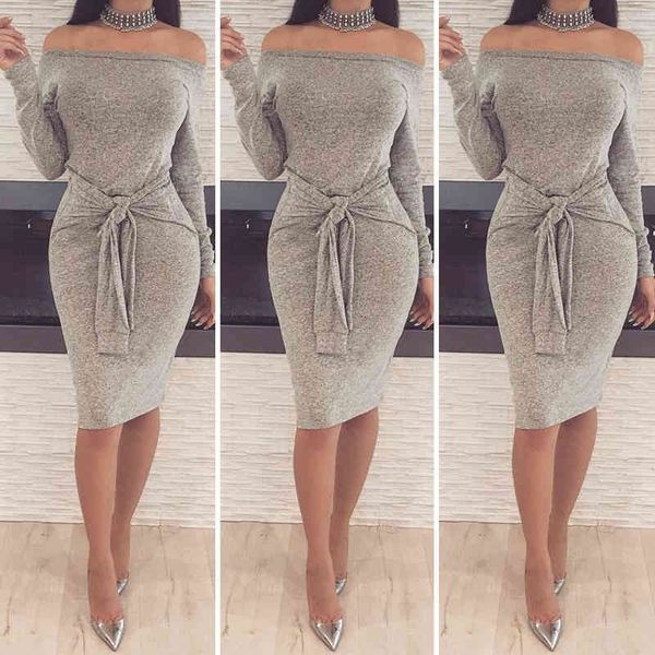 

casual dresses sleeve slash neck solid color bandge female clothing womens designer bodycon dress long b25i, Black;gray
