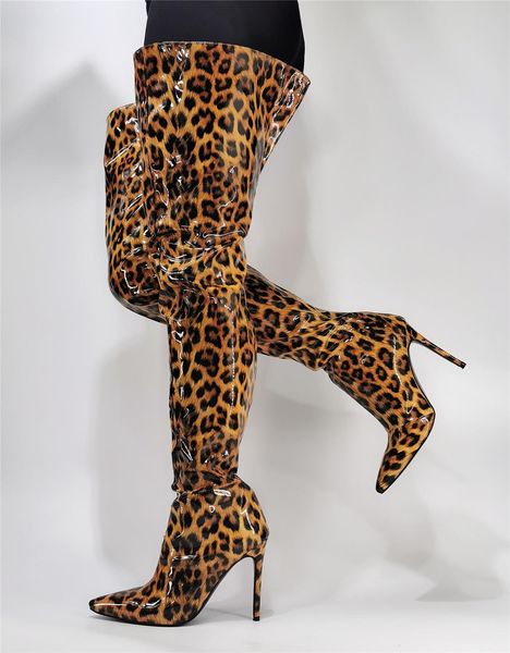 

boots leopard super boots long heels pointed toe over knee zipper loose again, real pictures. ipkk, Black