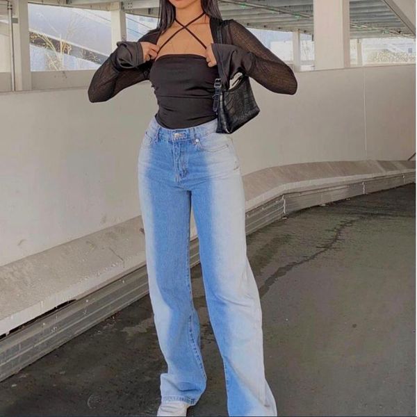 

women's jeans summer women casual gradient color wide leg jean high waist loose denim trousers streetwear pants plus size female, Blue