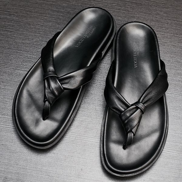 

leather slippers men's summer slippers trend breathable cool outdoor leisure non slip thick bottom british personalized flip flop 931j, Black
