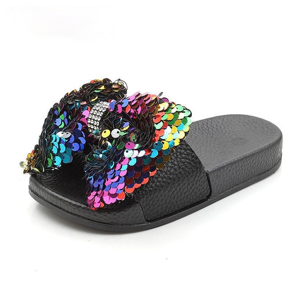 

girls slippers kids shoes summer bow sequin slippers outdoor children beach shoes baby toddler sandal flat indoor home flip flop, Black;red