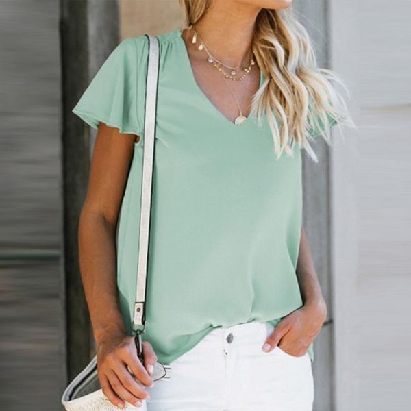 

women's blouses & shirts summer solid ruffles chiffon blouse casual v-neck short sleeve female 2021 fashion oversize loose ladies, White