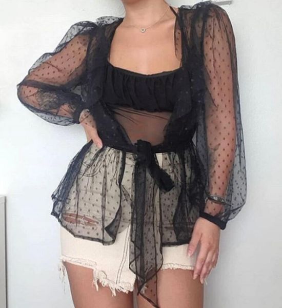

women's blouses & shirts 2021 women sheer mesh warps ruffled puff sleeve fashion dots cardigan beach casual shirt blusas perspective b, White