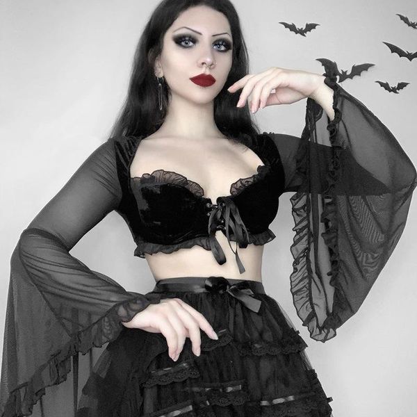 

women's blouses & shirts women blouse lace up corset ruffle y2k velvet aesthetic black flare sleeve mesh punk harajuku crop, White