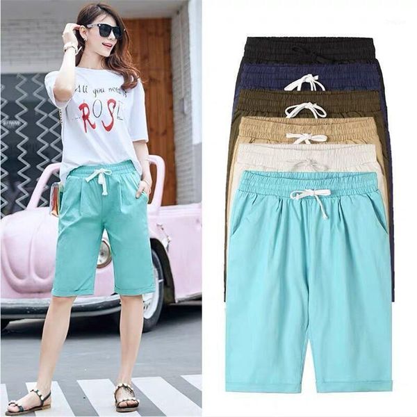 

women's pants & capris casual cotton linen short women summer high waist straight plus size solid trousers -6xl 7xl loose, Black;white