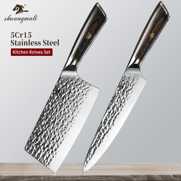 

2 pcs chinese ceaver chef knife set 5cr15 forged stainess stee utiity kitchen sicing knives cooking chinese chef knives set