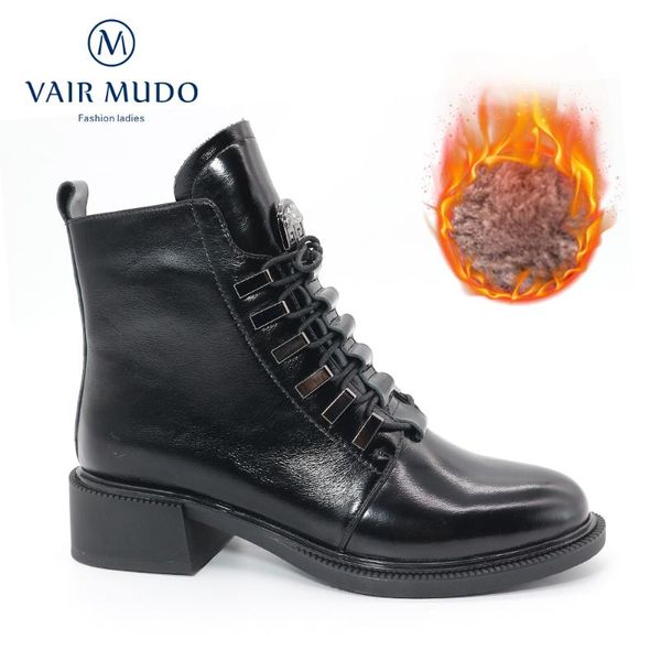 

boots vair mudo ankle winter wool fur warm thick heels lace up round toe black genuine leather motorcycle shoes c-dx150