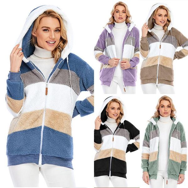 

women's jackets warm plush casual loose hooded coat mixed color patchwork winter outwear faux fur zipper ladies jacket, Black;brown